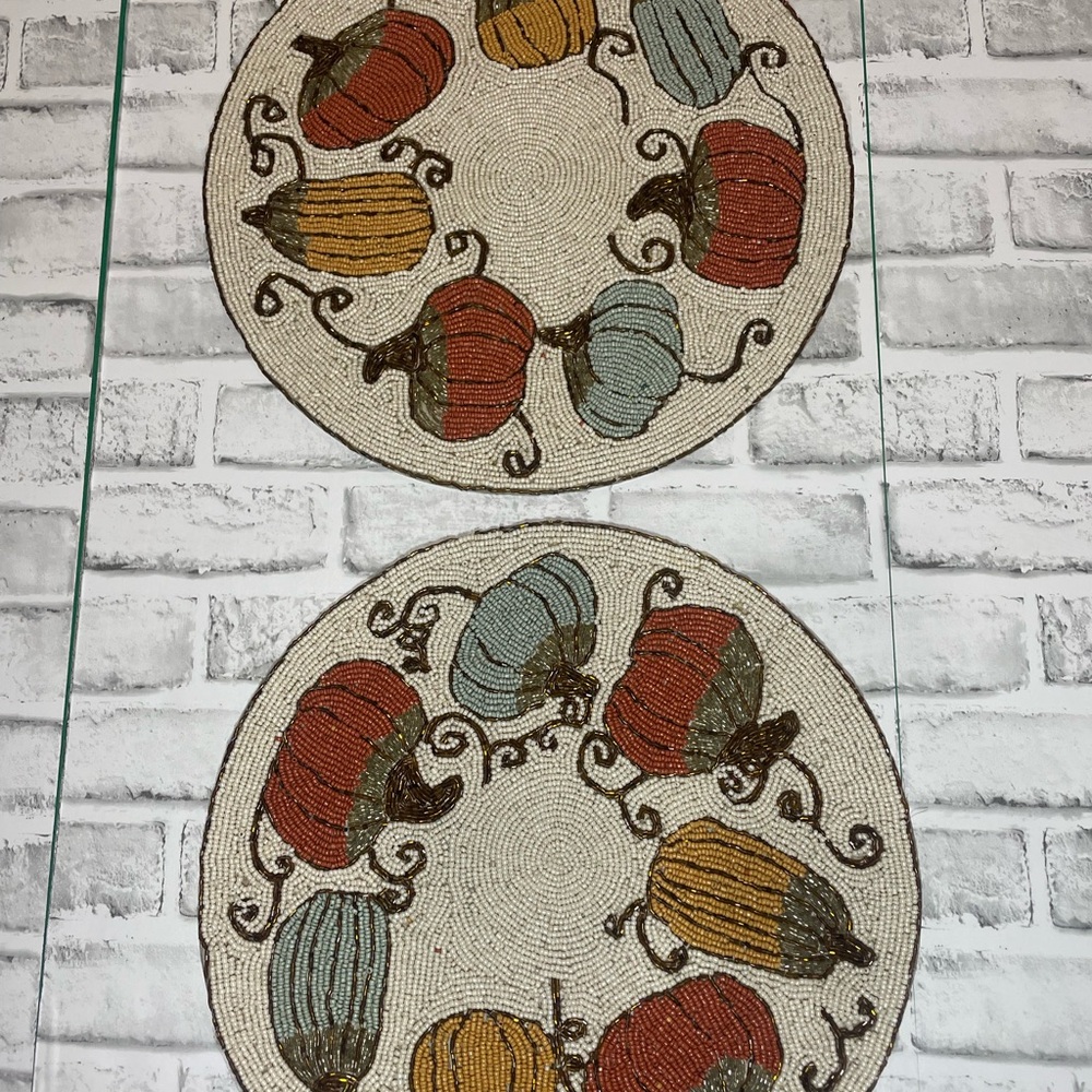 Sigrid Olsen Beaded Colorful Pumpkins Placemat Chargers Fall 15" Set of 2.